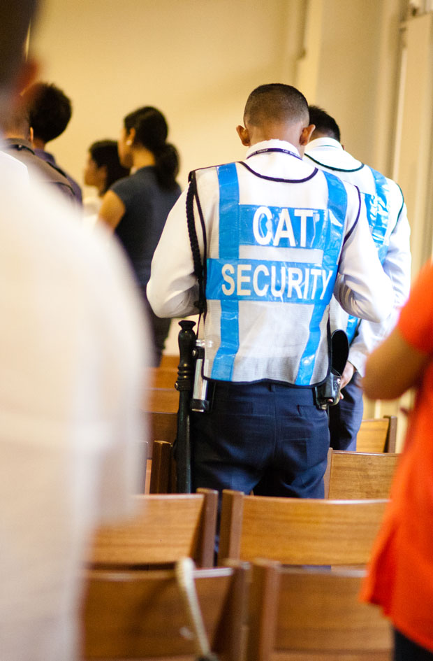 Tearful goodbyes. Members of Leopard Security and Investigation Agency, former Ateneo security provider, attended a farewell mass at the college chapel last August 27. Photo by Tim Arafiles
